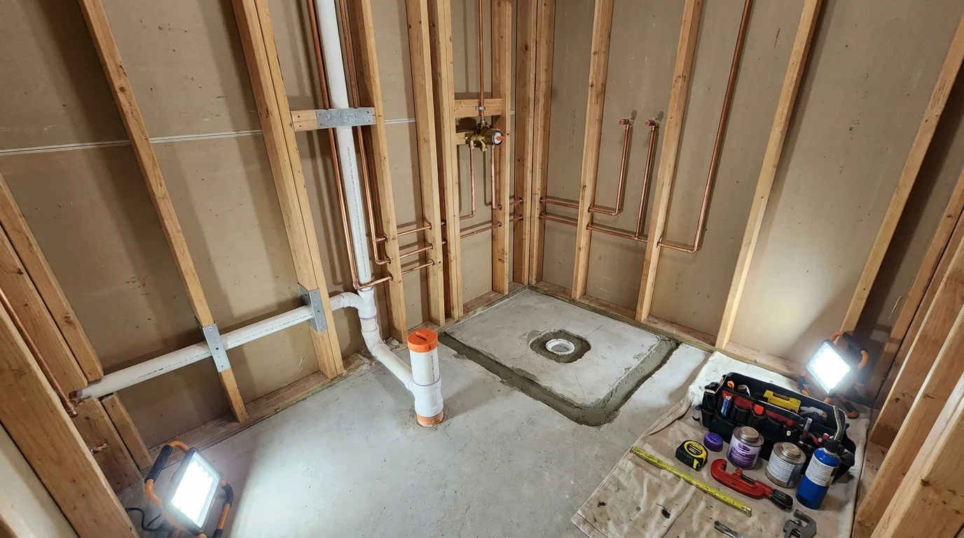 Bathroom rough-in plumbing during remodel by Johns Plumbing LLC in Napanoch