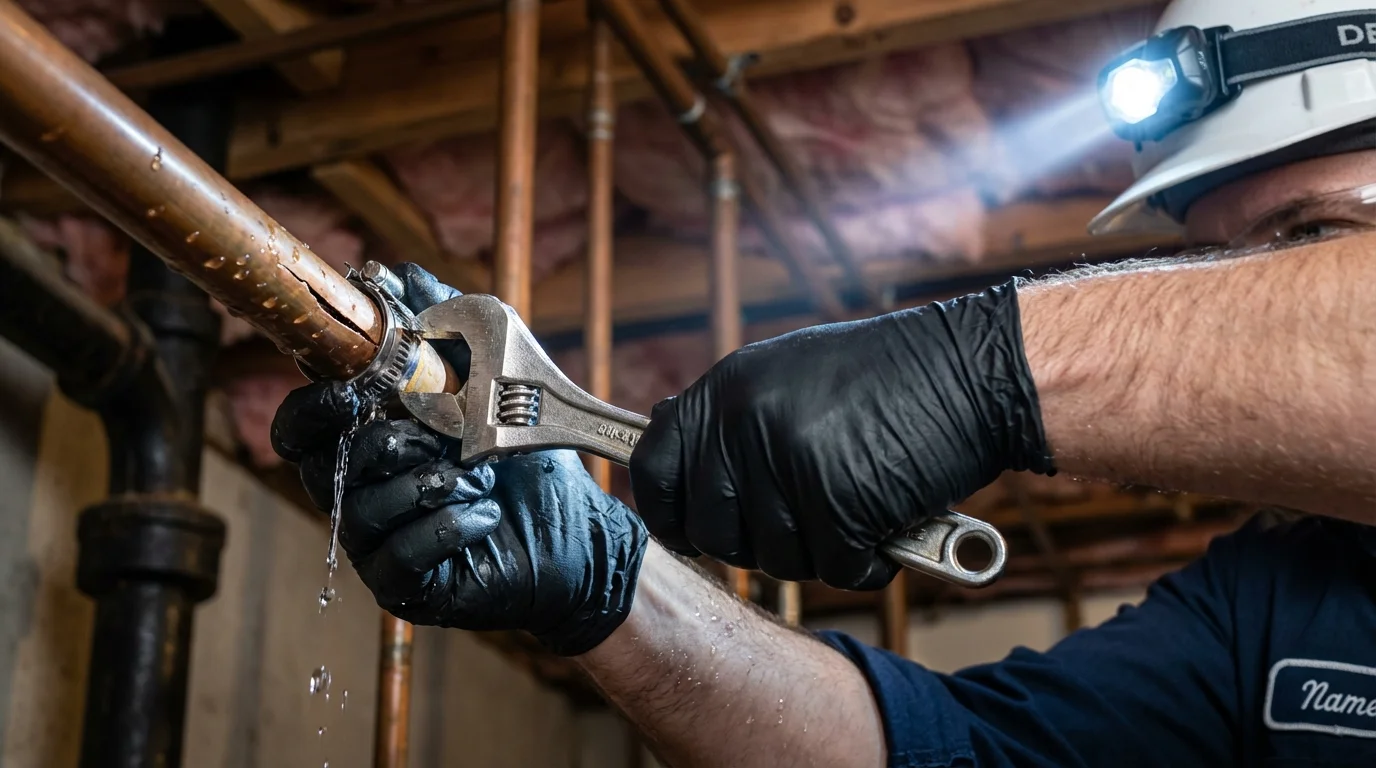 Emergency pipe clamp repair being performed by a Johns Plumbing LLC plumber in Napanoch