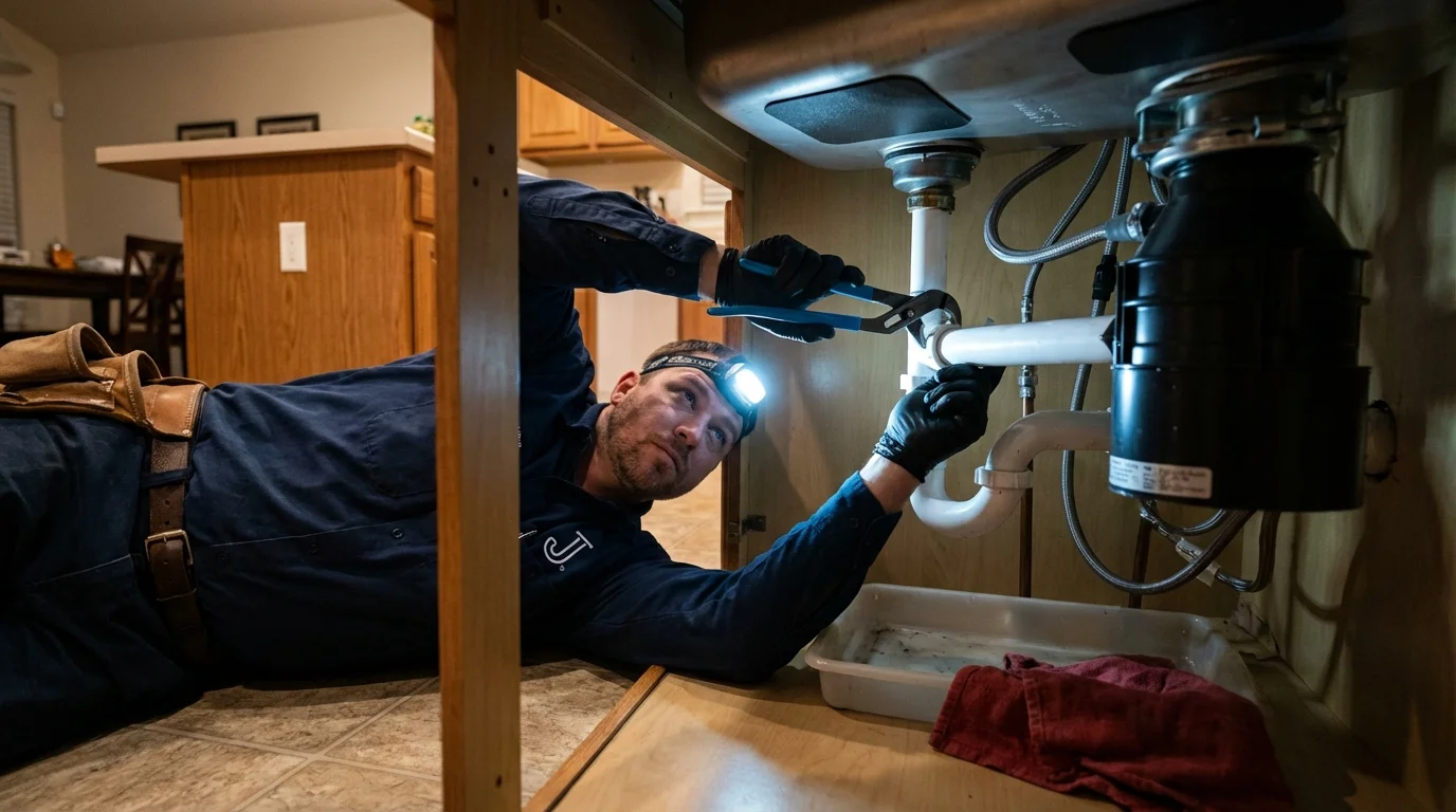 P-trap and supply line connections under a kitchen sink showing a common leak point in Napanoch, NY